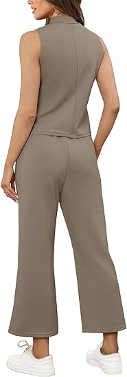 Two Piece Sets for Women Summer Outfits Lounge Sets Mock Neck Tops Wide Leg Crop Pants Vacation Travel Outfits