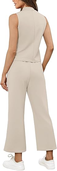 Two Piece Sets for Women Summer Outfits Lounge Sets Mock Neck Tops Wide Leg Crop Pants Vacation Travel Outfits
