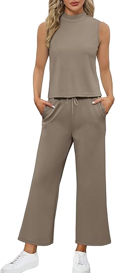 Two Piece Sets for Women Summer Outfits Lounge Sets Mock Neck Tops Wide Leg Crop Pants Vacation Travel Outfits