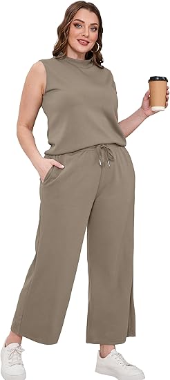 Two Piece Sets for Women Summer Outfits Lounge Sets Mock Neck Tops Wide Leg Crop Pants Vacation Travel Outfits