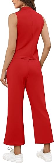 Two Piece Sets for Women Summer Outfits Lounge Sets Mock Neck Tops Wide Leg Crop Pants Vacation Travel Outfits