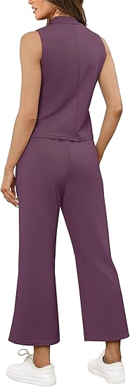 Two Piece Sets for Women Summer Outfits Lounge Sets Mock Neck Tops Wide Leg Crop Pants Vacation Travel Outfits