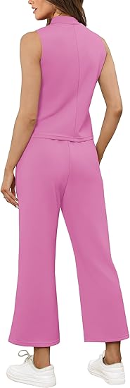 Two Piece Sets for Women Summer Outfits Lounge Sets Mock Neck Tops Wide Leg Crop Pants Vacation Travel Outfits