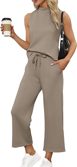 Two Piece Sets for Women Summer Outfits Lounge Sets Mock Neck Tops Wide Leg Crop Pants Vacation Travel Outfits
