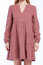 Load image into Gallery viewer, Sherin V-Neck Tiered Babydoll Dress – Long Sleeve with Shoulder Shirring &amp; Pockets