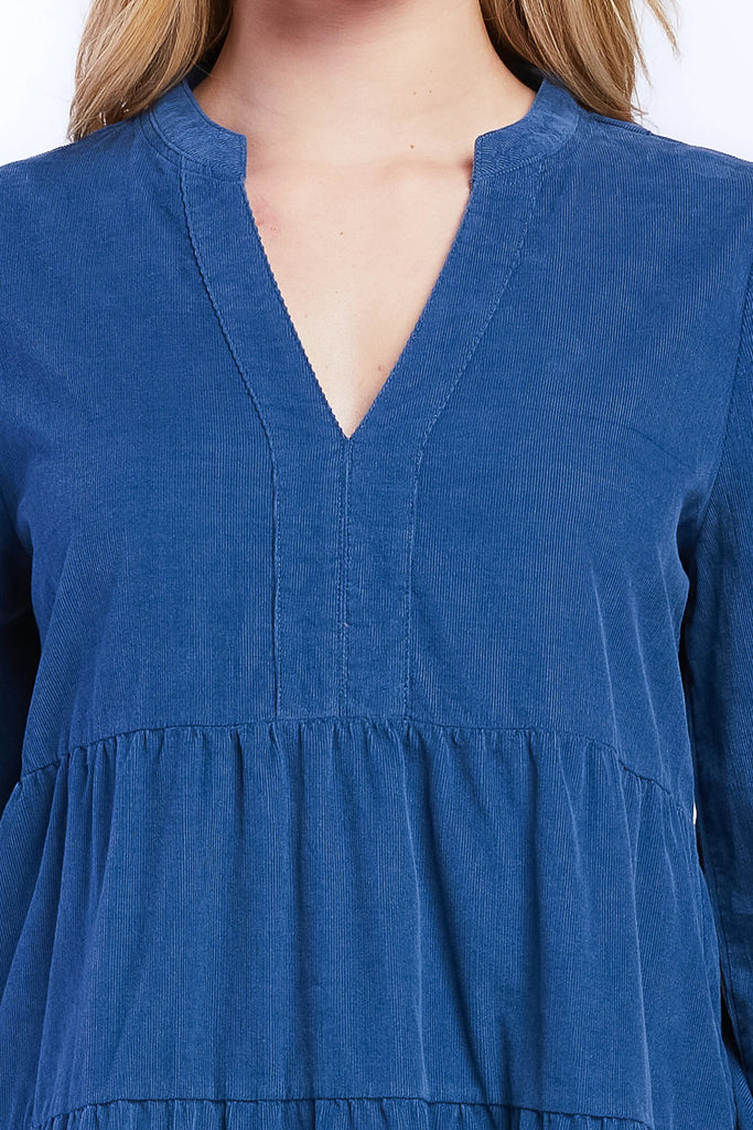 Sherin V-Neck Tiered Babydoll Dress – Long Sleeve with Shoulder Shirring & Pockets