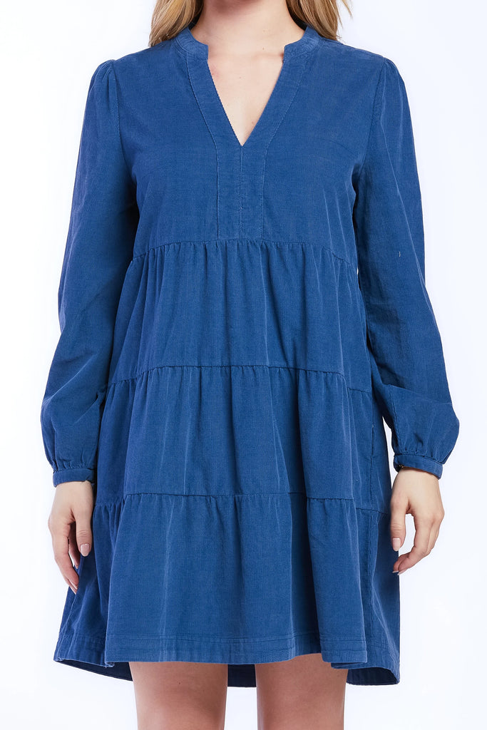 Sherin V-Neck Tiered Babydoll Dress – Long Sleeve with Shoulder Shirring & Pockets