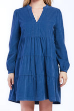 Load image into Gallery viewer, Sherin V-Neck Tiered Babydoll Dress – Long Sleeve with Shoulder Shirring &amp; Pockets